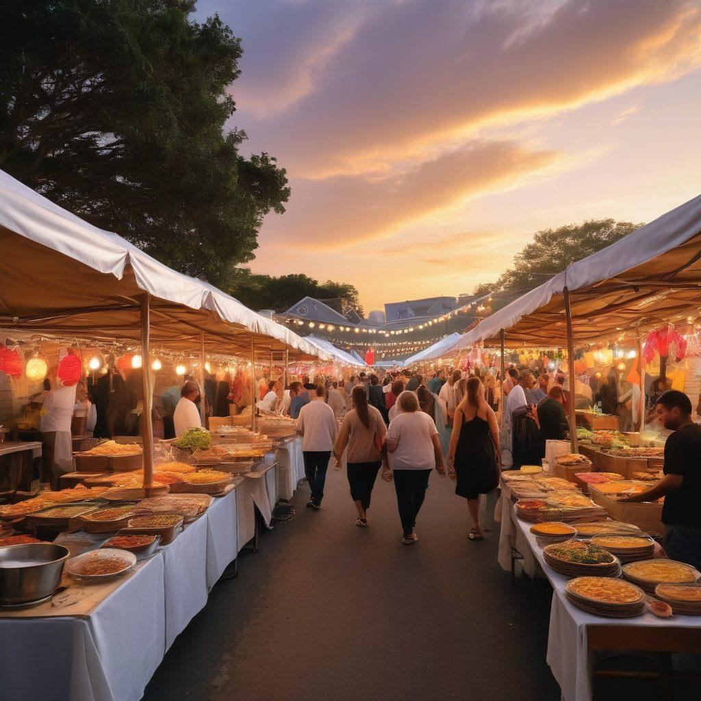 A lively scene depicting a community event in Oyster Bay, featuring diverse groups of people enjoying food stalls, live music, and engaging in local crafts. Include colorful banners and decorations, with the waterfront in the background and a sunset casting warm light over the festivities. Capture a sense of joy and togetherness. vibrant colors. super-realistic.