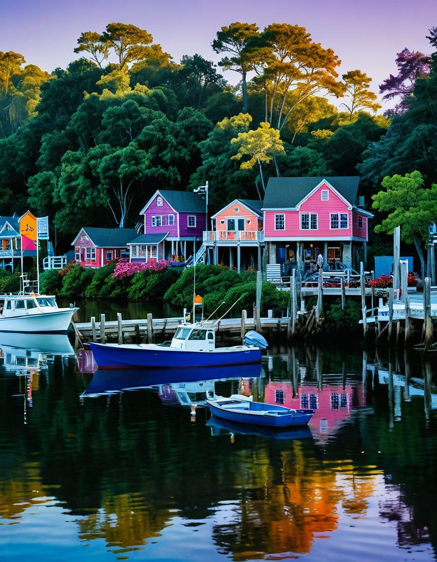 A scenic view of Oyster Bay featuring calm waters reflecting sunset hues, surrounded by charming local homes and lush greenery. Include a hidden cove with a small dock and kayakers enjoying the serene environment. Add elements like local seafood markets and vibrant community activities in the foreground. super-realistic. vibrant colors. 3D.